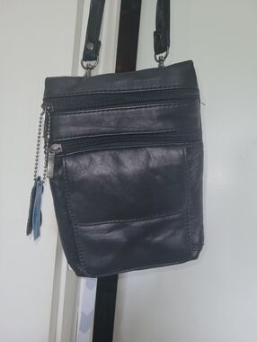 Leather Works Black Leather Crossbody Bag with Zip Pockets
